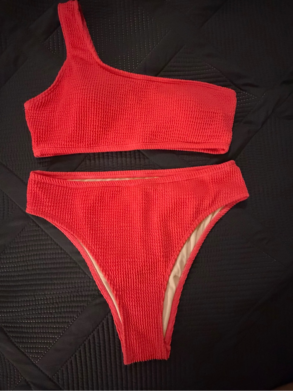 Pink One-Shoulder Textured Bikini Set Size S
